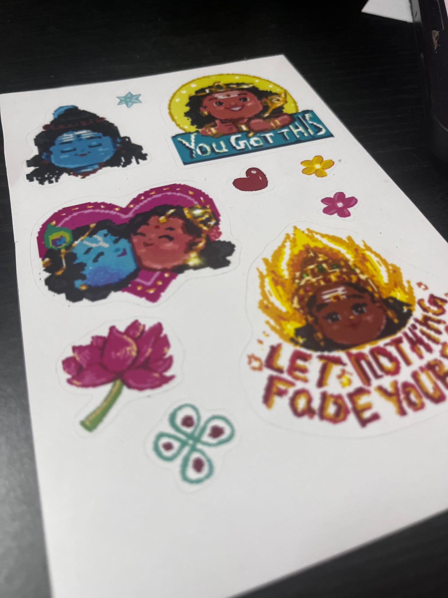 Sticker sheet (mini) 01 || featuring Murugan, Shivani, Radha Krishna, mariamman || size A6 || pixel art