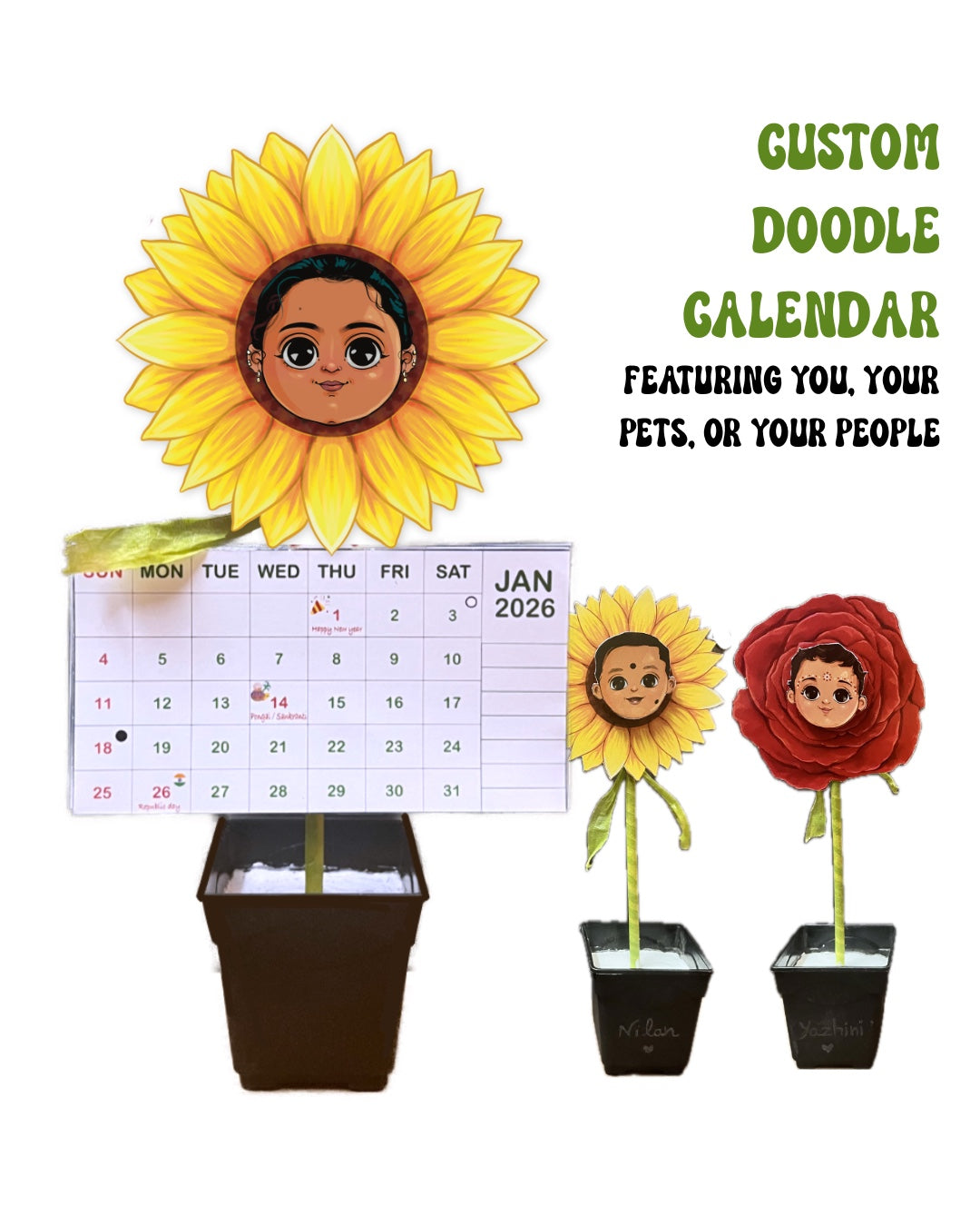 Customised FLOWER HEADS with Custom Doodle Calendar Featuring You, Your Pets, or Your People || Monthly calendar || Free shipping