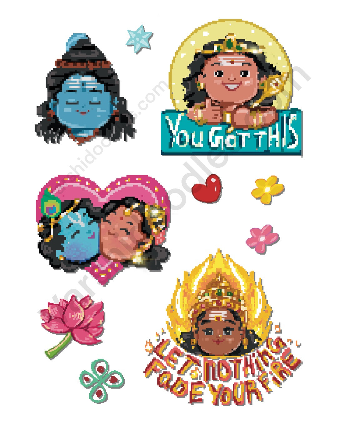 Sticker sheet  (mini) 01 ||  featuring Murugan, Shivani, Radha Krishna, mariamman || size A6 || pixel art